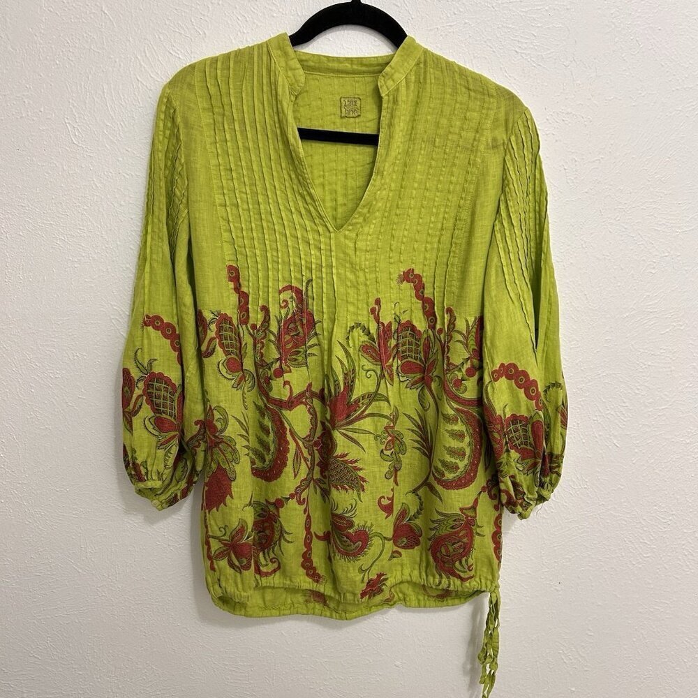 120% Lino Floral Linen Pintuck Tunic Top Blouse Bottom Ties Neon Green Sz 42 / S